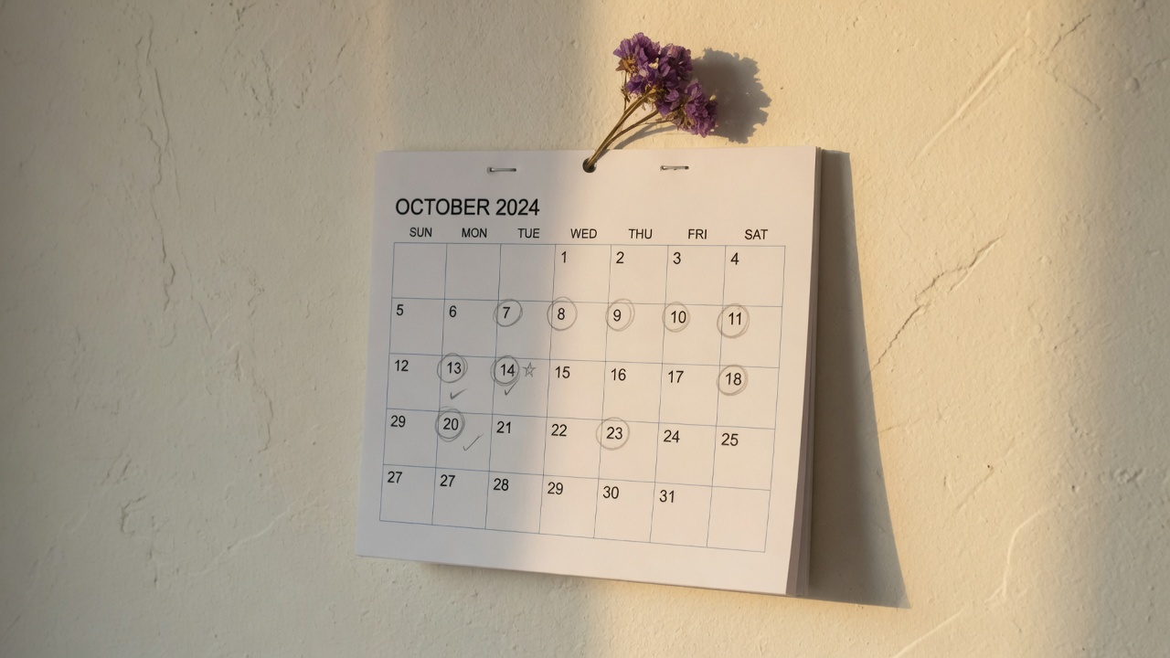 A wall calendar in a kitchen, with late afternoon light coming through the window.
