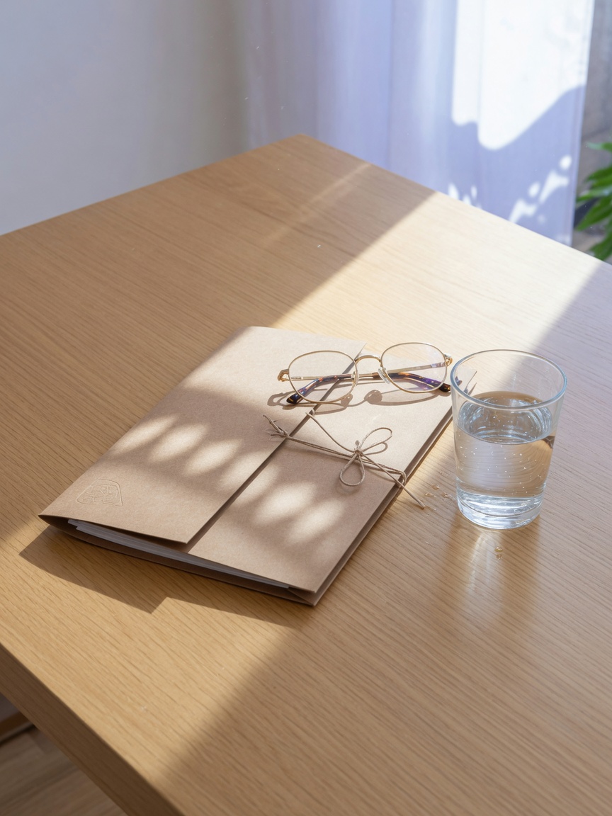 A closed folder tied with string, a pair of glasses and a glass of water on a table by a window.
