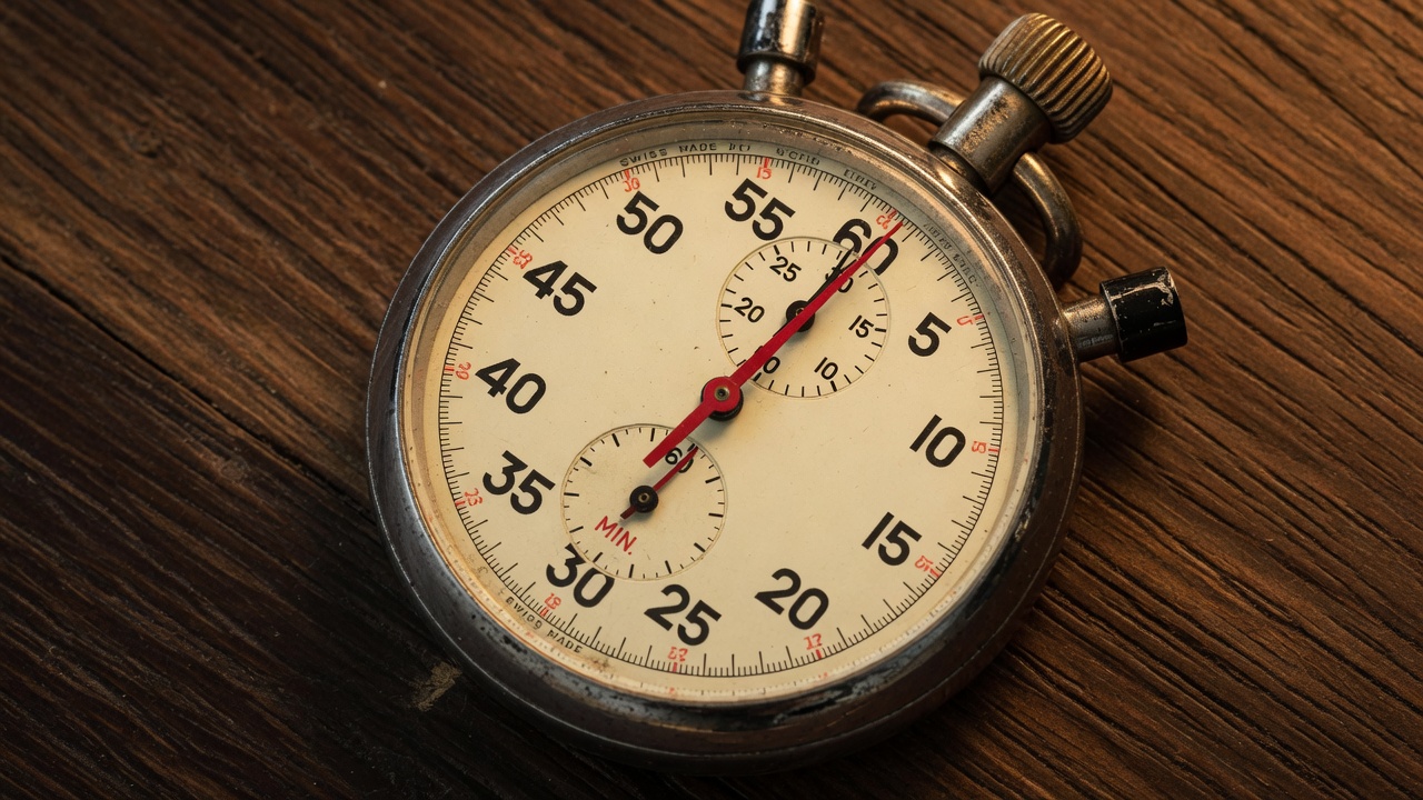 A vintage stopwatch on a dark wooden table, its second hand at the top of the dial.