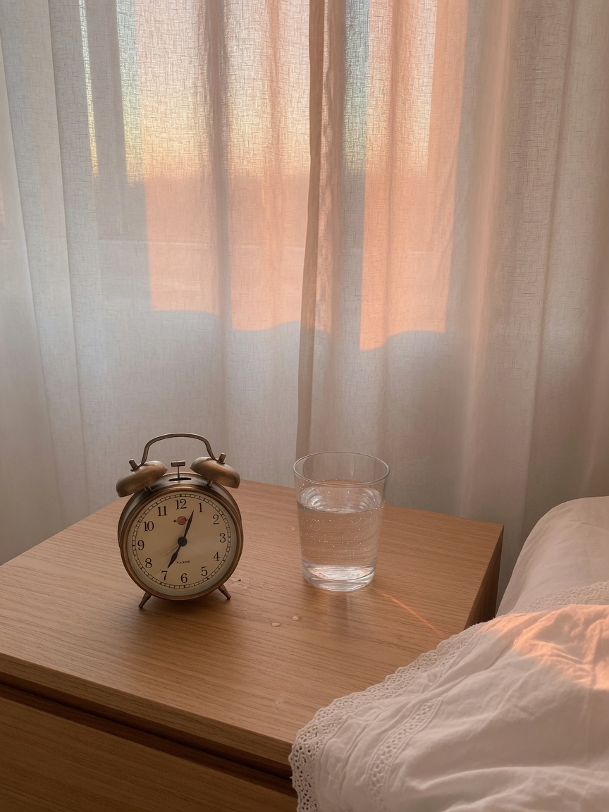 Despertador y un vaso de agua en la mesilla, de madrugada.