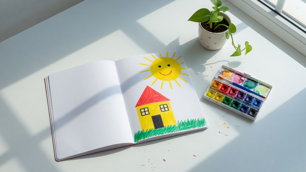 A notebook with a child's drawing of a house and a sun, watercolours beside it.