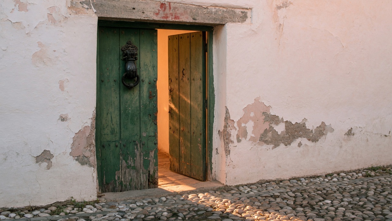 The front door of a Spanish house standing ajar.