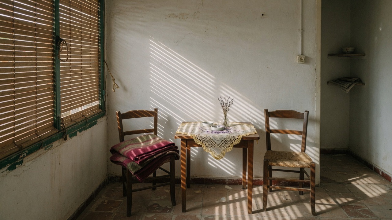 A small table and two chairs in a Spanish house, with light coming through the slatted blind.