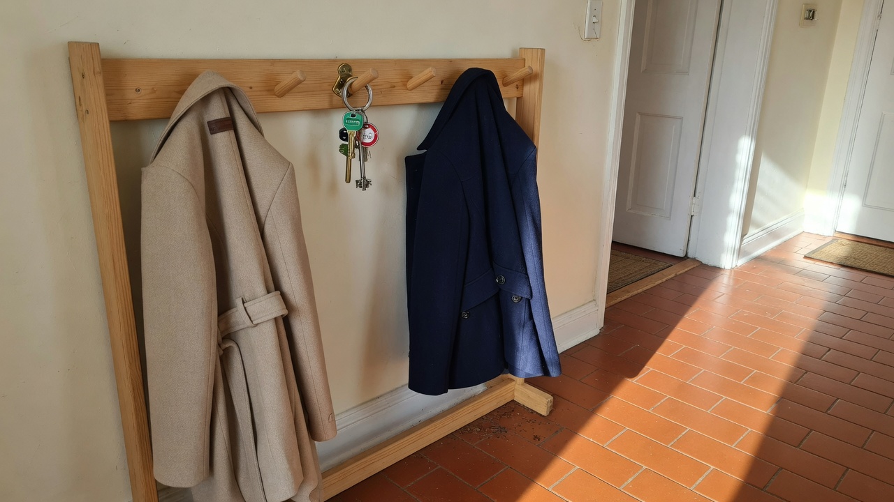 Two coats and a bunch of keys hanging by the front door.