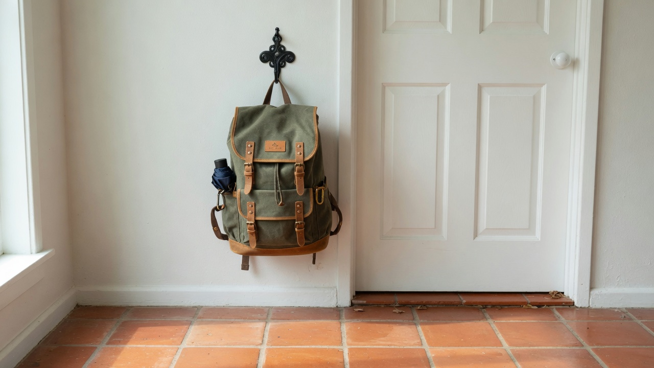 A school backpack hanging by the front door of a Spanish flat, on a tiled floor.
