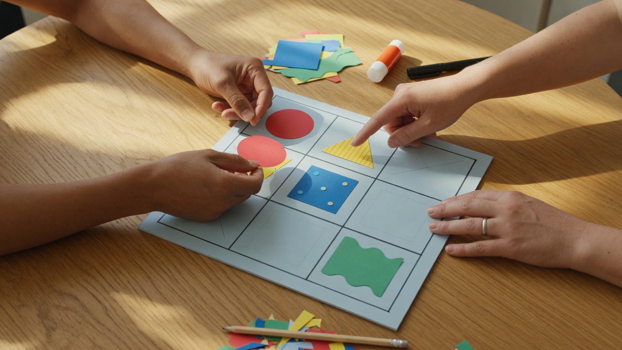Two people working with paper shapes at a table at home.