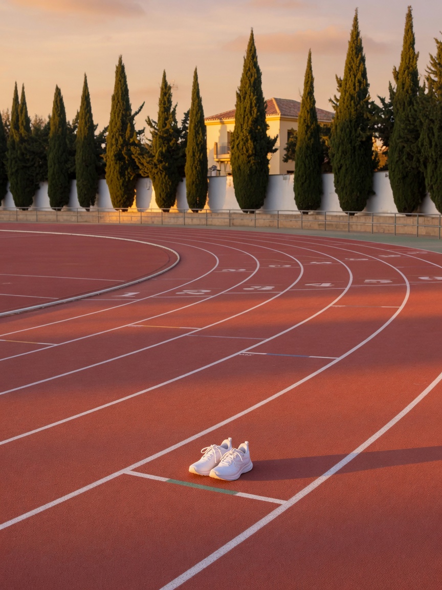 An athletics track at dusk, a pair of spikes in lane one.