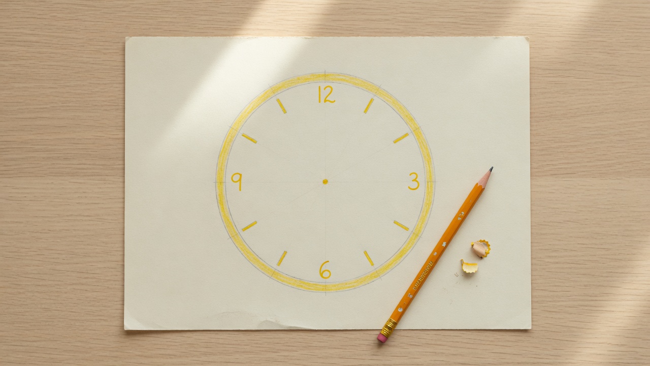 Círculo dibujado a lápiz en un papel, prueba de reloj, visto desde arriba.