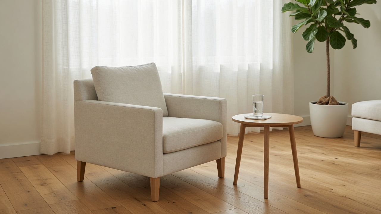 An armchair beside a lit lamp in a quiet room, with nobody in it.